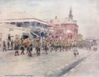 Highlanders marching through Bloemfontein by Mortimer Ludington Menpes